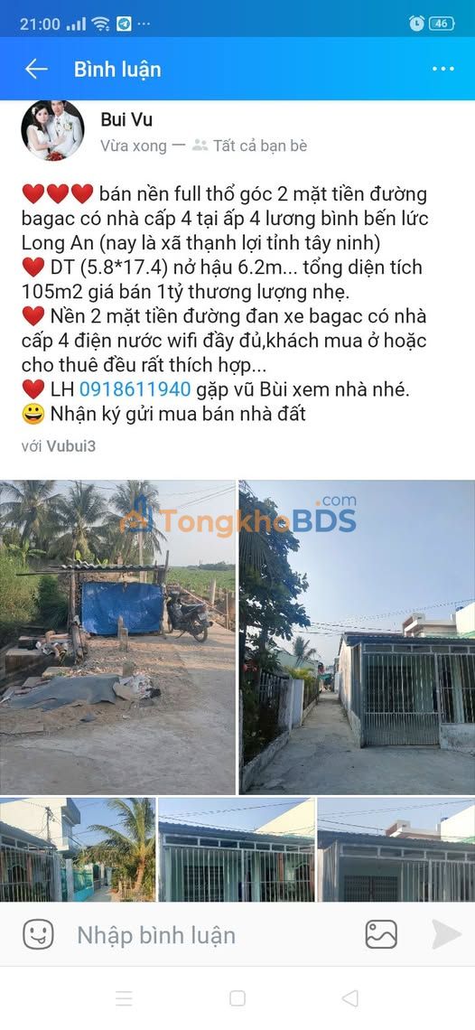 Đất nền Ấp 4 Bagac Bến Lức 105m² 1 tỷ - Đất thổ cư 100%