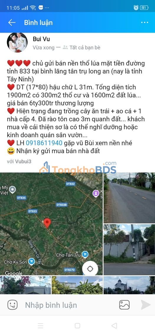 Đất Vườn Long An 1900m² Mặt Tiền Tỉnh Lộ 833 - Nghỉ Dưỡng/Kinh Doanh Sân Vườn