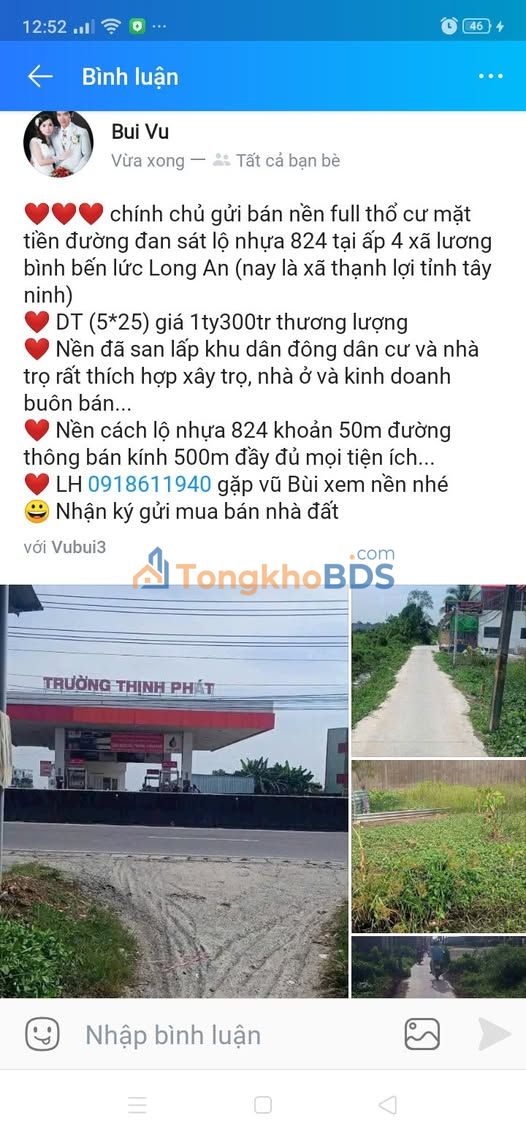 Đất Thổ Cư 125m² Mặt Tiền Đường Đan Sát Lộ 824, Bến Lức - Giá 1.3 Tỷ