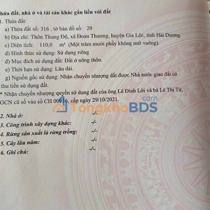 Bán đất giãn dân Thung Độ, Gia Lộc 110m² - Sổ đỏ sẵn sàng, giá tốt