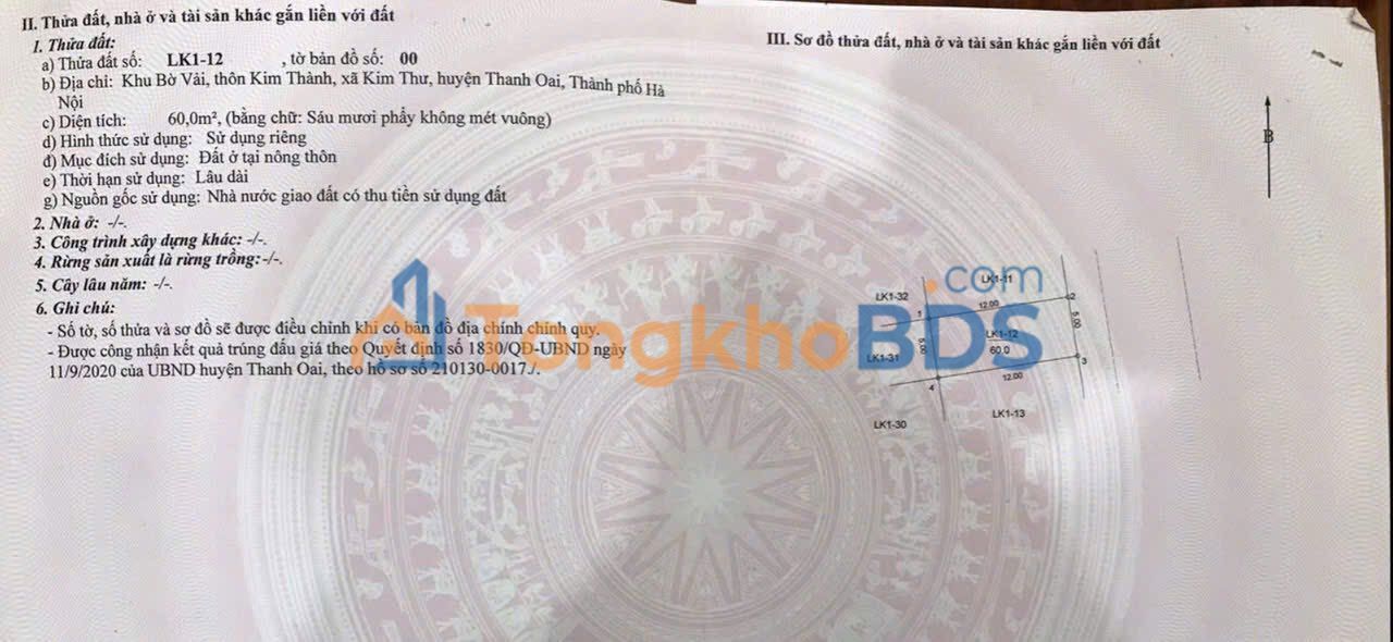 Đất đấu giá Kim Thư, Thanh Oai 60m² - Mặt tiền 5m, kinh doanh đắc lợi