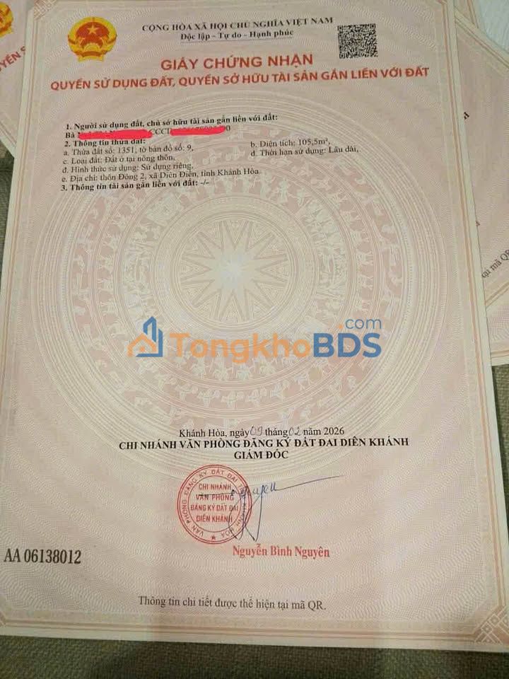 Đất Diên Điền, Diên Khánh 105m² Thổ Cư, Sổ Hồng Riêng - Giá Chỉ 7xx Triệu