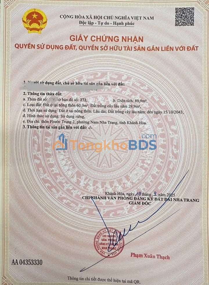 Đất thổ cư Phước Lộc, Nha Trang 89.9m² - Sổ đỏ chính chủ, giá 1.75 tỷ