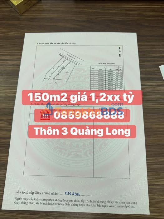 Đất nền 150m² Thôn 3 Quảng Long - Sổ đỏ chính chủ, giá đầu tư 1.2 tỷ