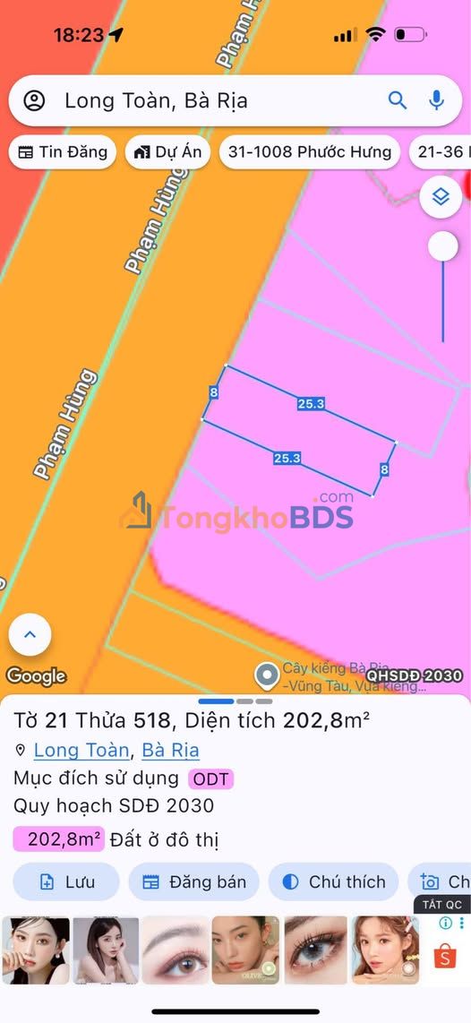 Đất Biệt Thự Mặt Tiền Phạm Hùng, Bà Rịa - 202m² Thổ Cư Full