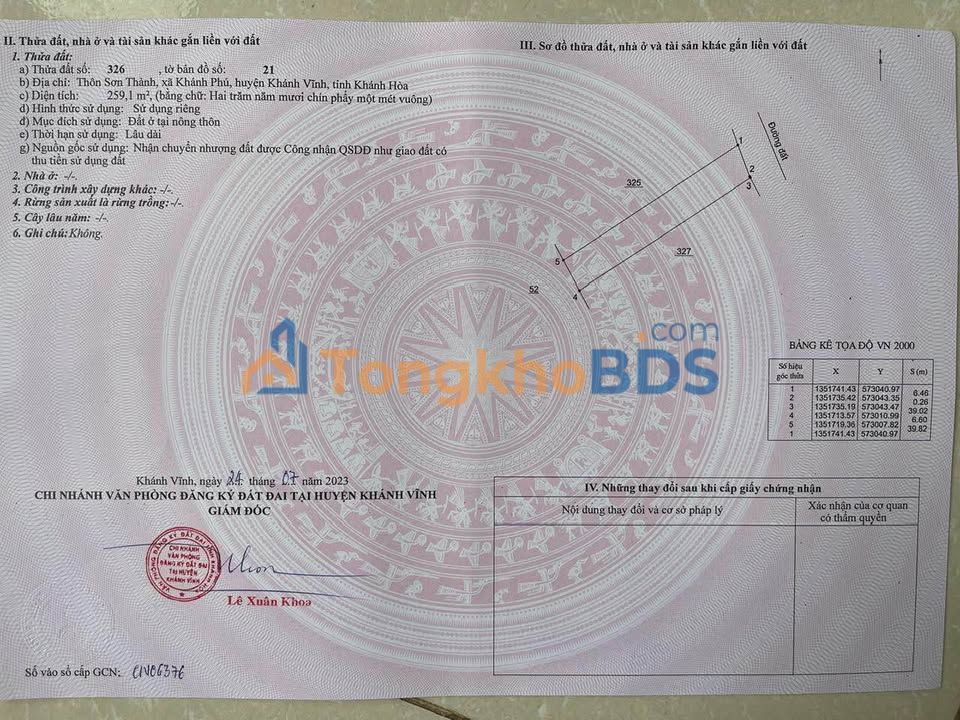 Đất nền Khánh Phú, Khánh Hòa 259.1m² Sổ đỏ chính chủ - Giá 400 triệu