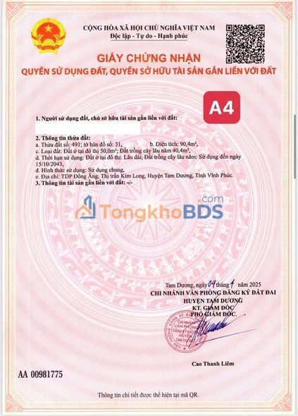 Đất nền Vĩnh Phúc 90m² - TDP Đồng Ăng, Kim Long, Tam Dương - Giá 6xx Triệu