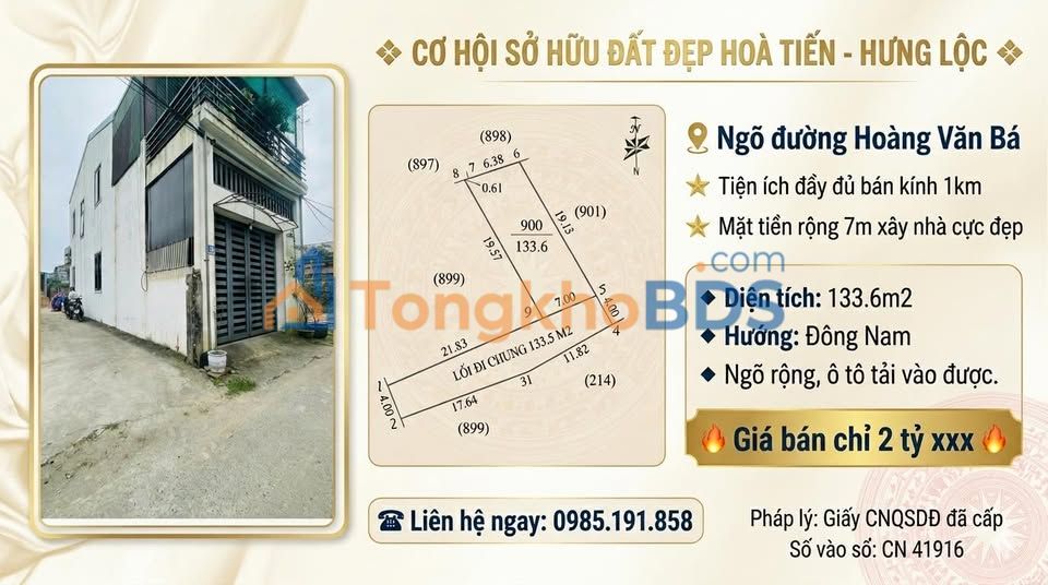 Đất Nền 133.6m² Hoàng Văn Bá, Vinh - Ngõ Ô Tô, Hướng Đông Nam - Giá 2 Tỷ