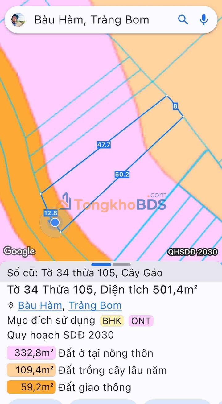 Đất nền Cây Gáo Trảng Bom 501m² 1,65 tỷ - Sổ hồng chính chủ