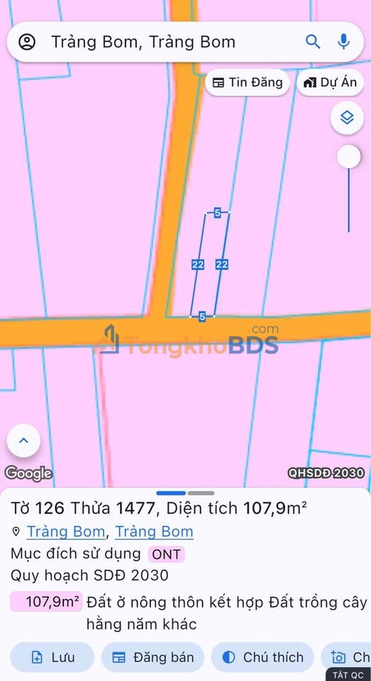 Bán đất Giang Điền Trảng Bom 110m² - Sổ riêng thổ cư, mặt tiền đường nhựa