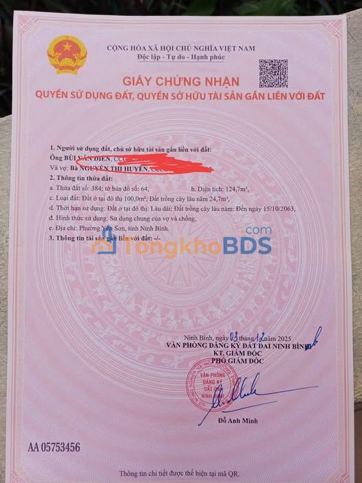 Bán đất nền 125m² Phường Tân Bình, Tam Điệp - Sổ hồng chính chủ