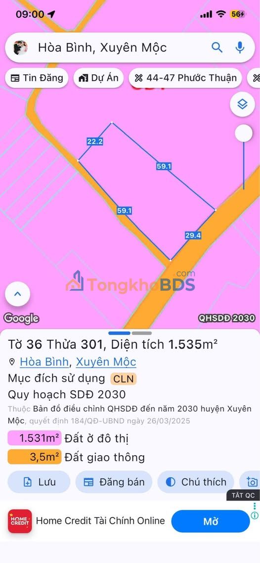 Đất xã Hòa Bình Xuyên Mộc 1536m² 2.3 tỷ - Đường ô tô