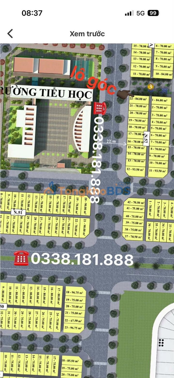 Đất Lô Góc Tây Vôi 84m² Mặt Tiền 24m, Đối Diện Cổng Trường - Giá 2 Tỷ