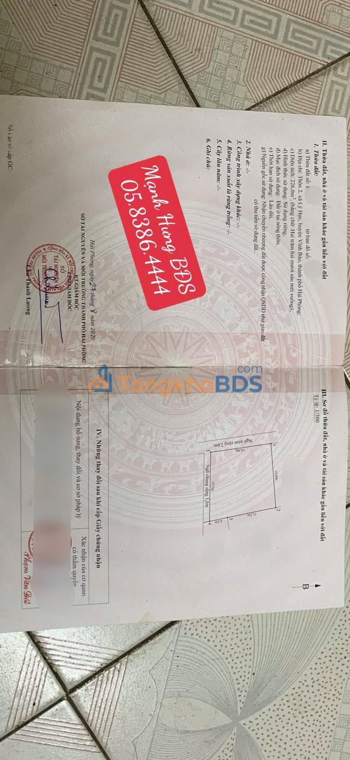 Đất nền Lý Học Vĩnh Bảo 226m² giá 1 tỷ - Sổ đỏ chính chủ