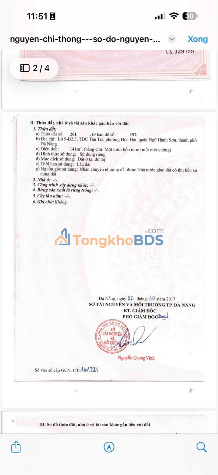 Đất nền Ngũ Hành Sơn Đà Nẵng 141m² 7.9 tỷ - Sổ đỏ chính chủ