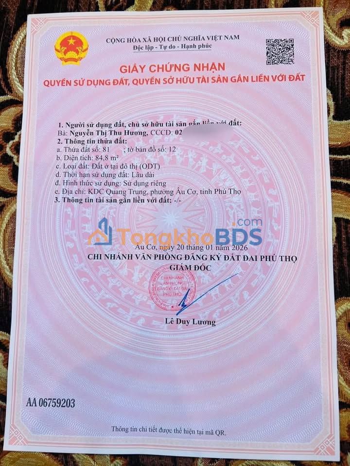 Đất Âu Cơ Phú Thọ 85m² giá 1.06 tỷ - Sổ đỏ chính chủ