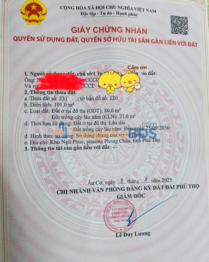 Đất nền Phú Thọ 100m² - Sổ hồng 80m² thổ cư, ô tô vào tận nơi