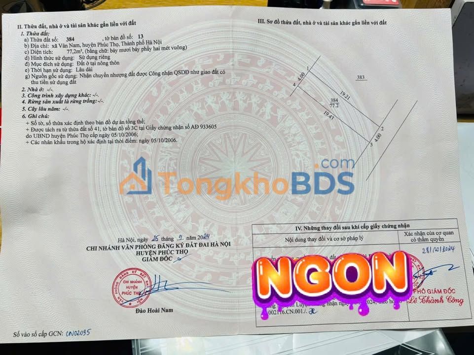 Bán đất Phúc Thọ 77.2m² - Đường ô tô, gần 3 tỷ, sổ đỏ sẵn sàng