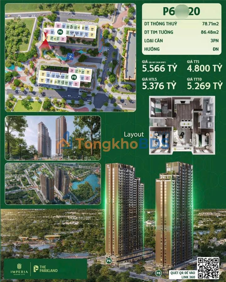 Căn hộ 3PN Vinhomes Ocean Park 78m² - Giá 4.8 tỷ, View Nội Khu Xanh Mát