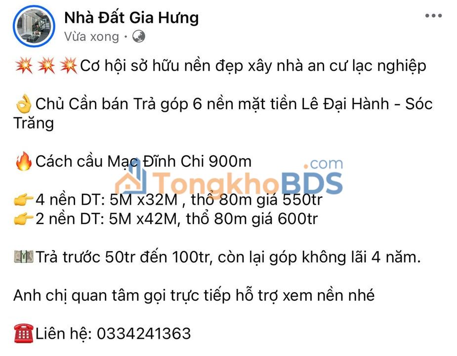 Đất Nền Mặt Tiền Lê Đại Hành, Sóc Trăng - 5x32m Giá 550tr, Góp 4 Năm
