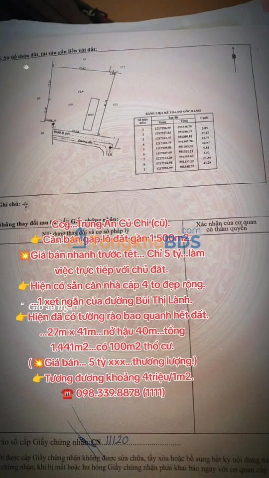 Bán Gấp Đất Vườn 1441m² Củ Chi - Sổ Đỏ, Giá 5 Tỷ