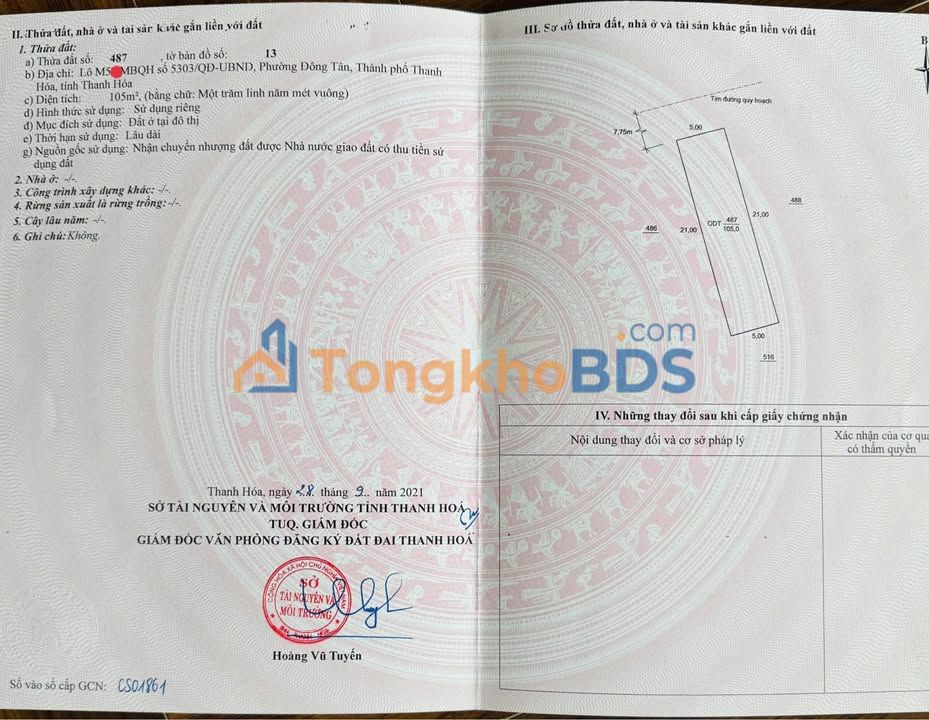 Bán Gấp Lô Đất 210m² Mặt Tiền Đường 7.5m, Đối Diện UB Đông Tân, Thanh Hóa