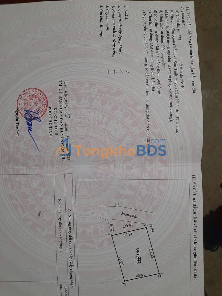 Bán Đất Tam Sơn Cẩm Khê 300m² Full Thổ Cư - Giá Chỉ 1.2 Tỷ