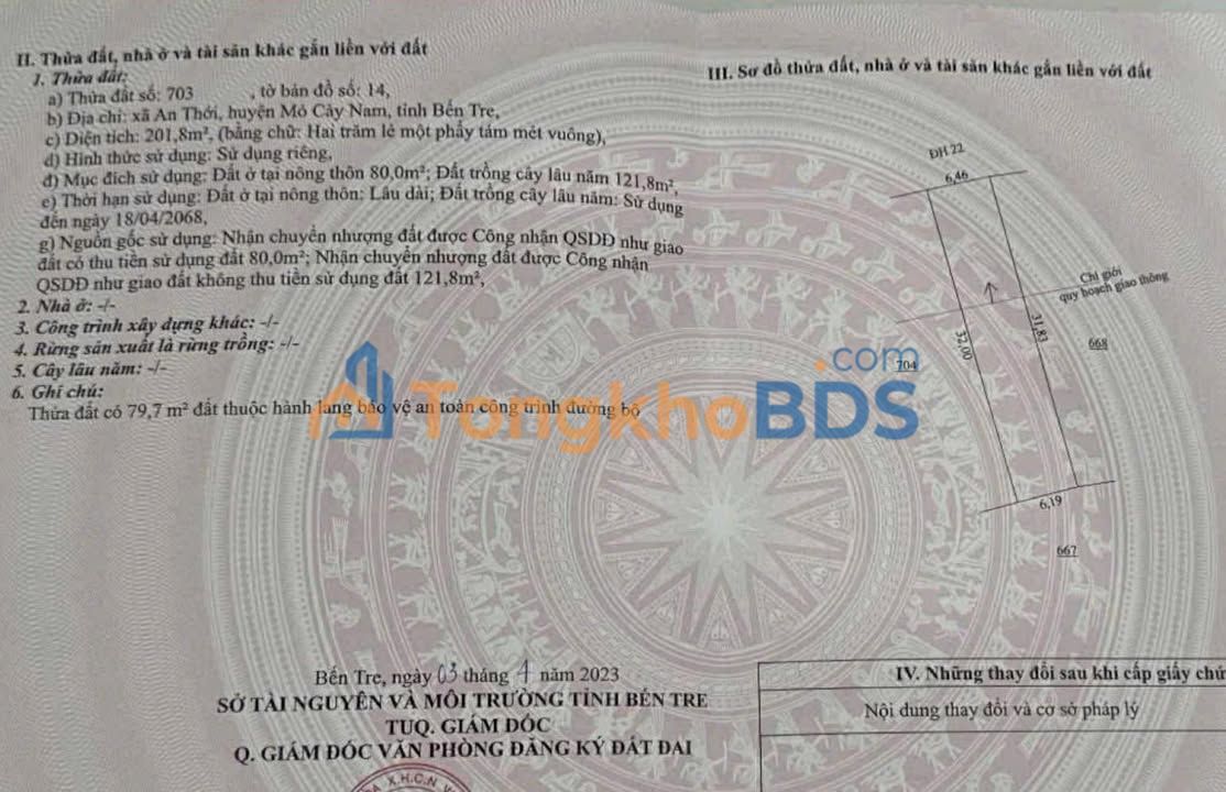 Bán Đất 201.8m² Mặt Tiền Huyện Lộ, Mỏ Cày Nam, Bến Tre - Giá 1.5 Tỷ