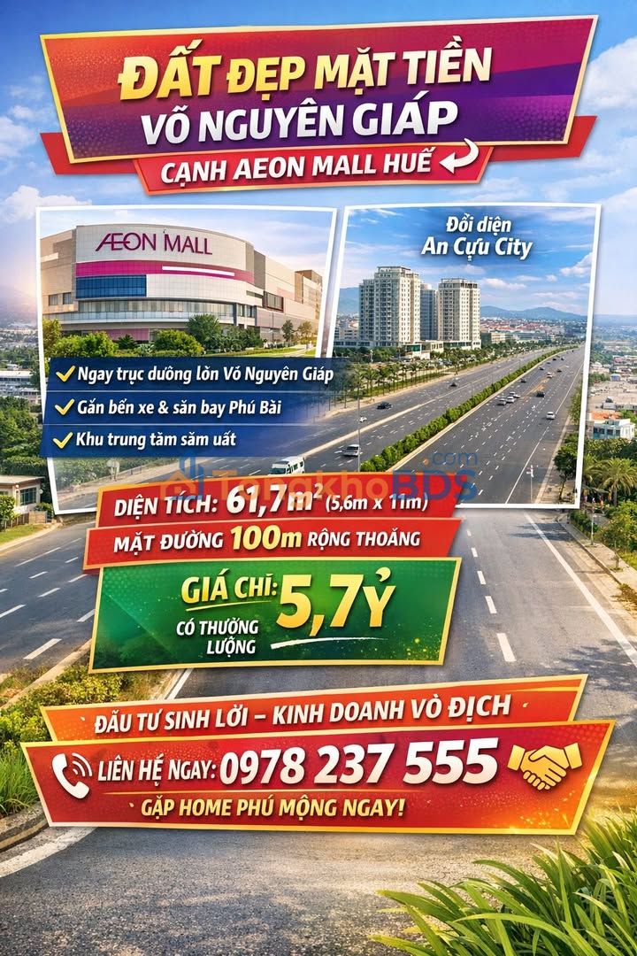 Đất Mặt Tiền Võ Nguyên Giáp, Huế - 61.7m² Cạnh Aeon Mall, Giá 5.7 Tỷ