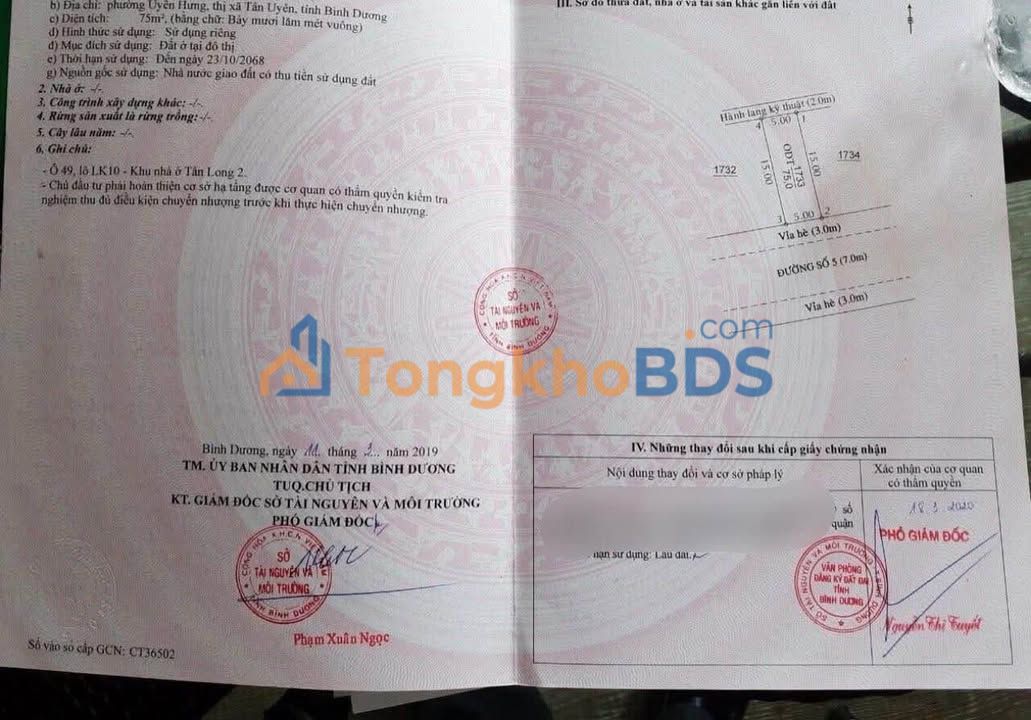 Đất nền Tân Uyên 75m² mặt tiền đường nhựa - Sẵn sổ hồng