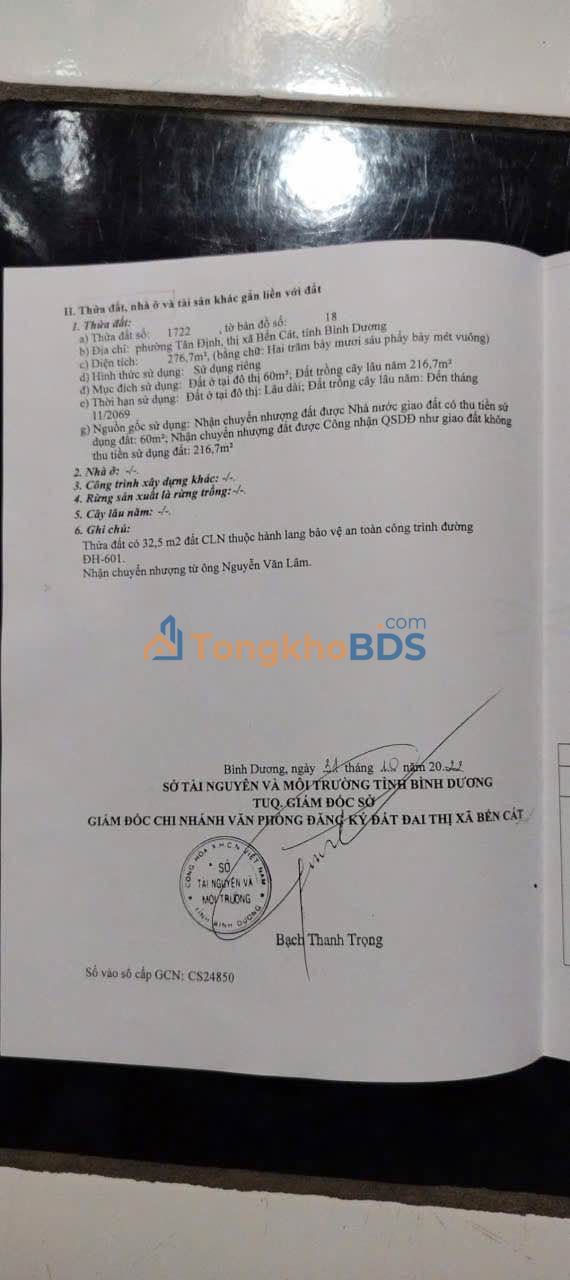 Đất Mặt Tiền HL 601 Bến Cát 277m² - Giá 2.98 Tỷ, Kinh Doanh Đa Ngành