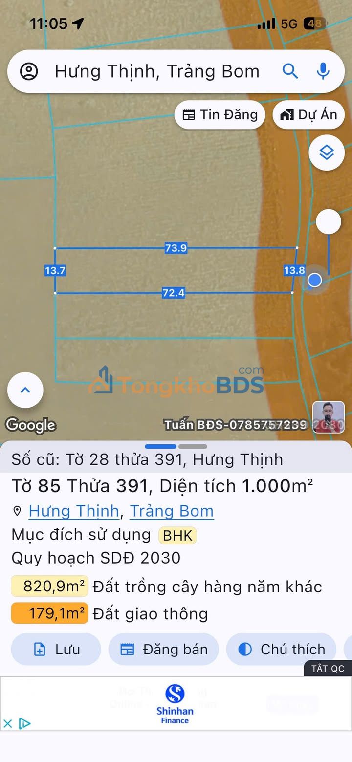Đất Mặt Tiền Trảng Bom 3600m² - Giá 1.1 Tỷ, Sổ Hồng Sẵn Sàng