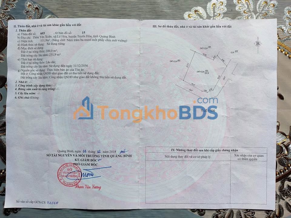 Bán đất Đồng Lê, Tuyên Hóa 531m² - Sổ đỏ 300m² đất ở, giá 800 triệu