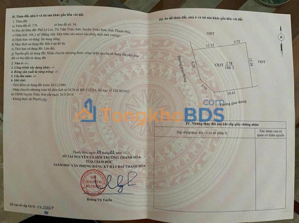 Đất Nền Triệu Sơn 166m² - 2 Mặt Tiền Lê Lợi, Thổ Cư Giá Mềm