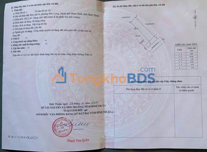 Đất Thổ Cư 103m² Mặt Tiền Trần Lê - TT Phan Thiết, Hướng Nam View Biển