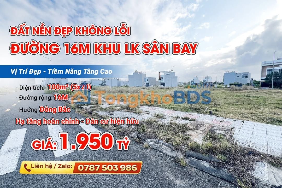 Đất nền 100m² LK Sân Bay Tuy Hòa - Đường 16m, Giá 1.95 Tỷ