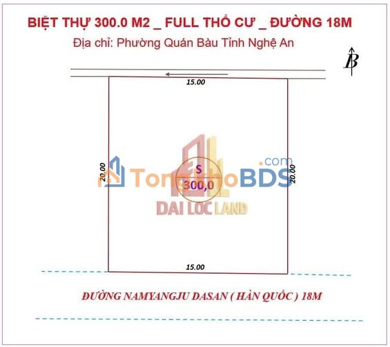 Đất Biệt Thự 300m² Sổ Đỏ Full Thổ Cư - Phường Quán Bàu, TP Vinh