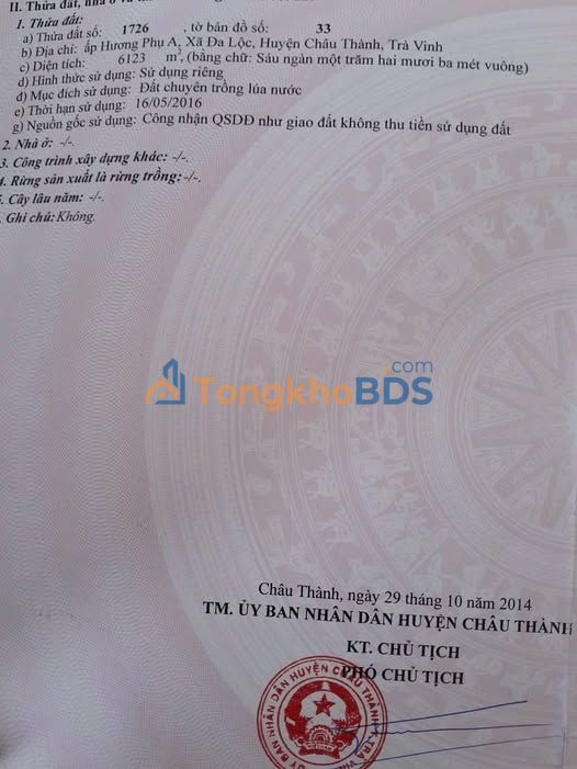 Bán Gấp Đất Ruộng Mặt Tiền Kênh 6123m² Tại Châu Thành, Trà Vinh - Giá Tốt