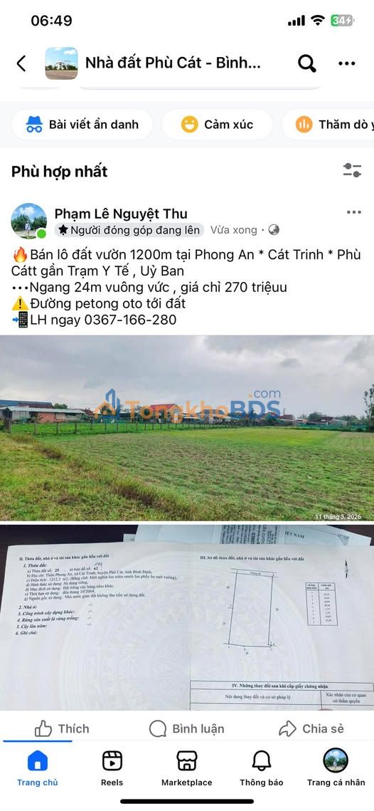 Đất Vườn 1200m² Bình Định - Sổ Đỏ Rõ Ràng, Giá Chỉ 270 Triệu