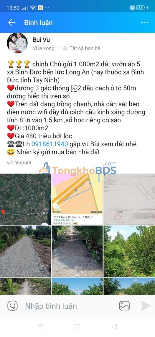 Đất Vườn 1000m² Sổ Hồng Riêng Tại Bình Đức, Bến Lức - Giá Tốt Đầu Tư