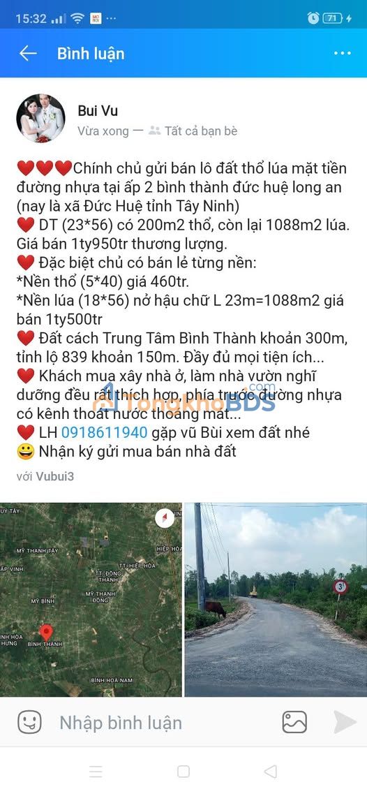 Bán đất nền Đức Huệ, Long An 1308m² - Sổ đỏ, mặt tiền nhựa, giá từ 460tr