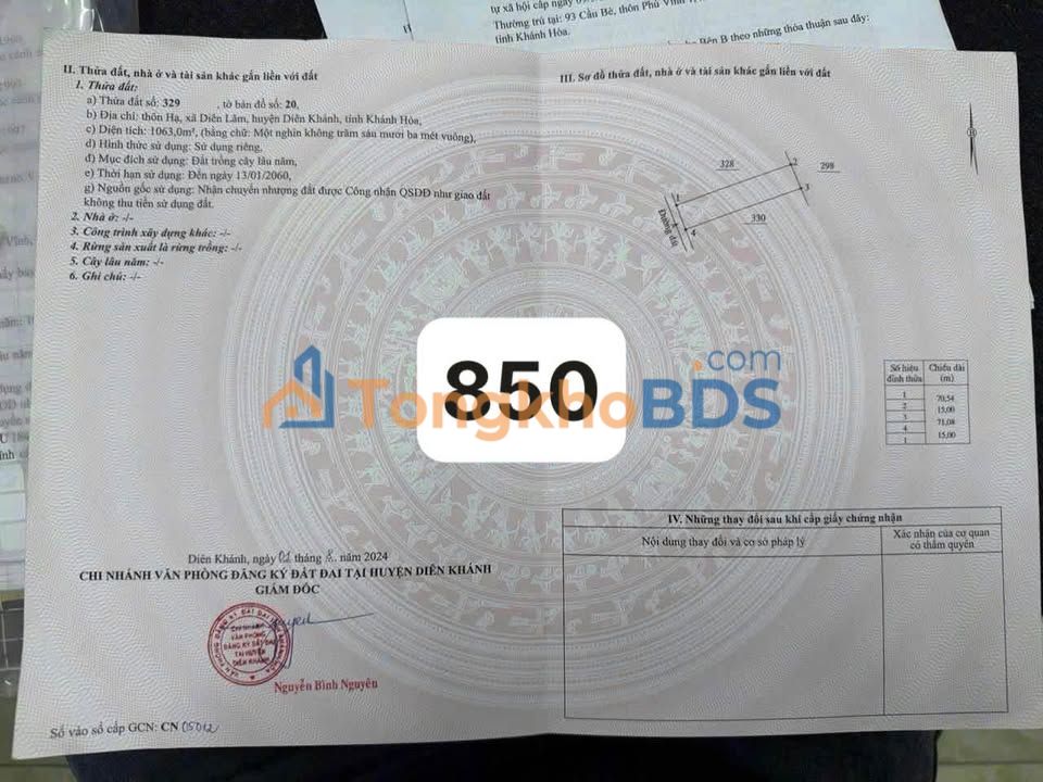 Bán đất vườn 1000m² Diên Khánh - Có nhà, cây ăn trái, sổ đỏ - 850 triệu