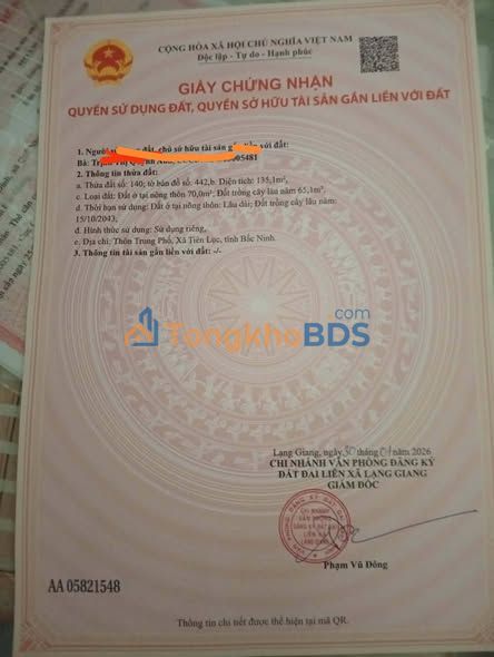 Bán đất Lạng Giang 135m² (70m² thổ cư) - Sổ đỏ sẵn sàng, giá tốt