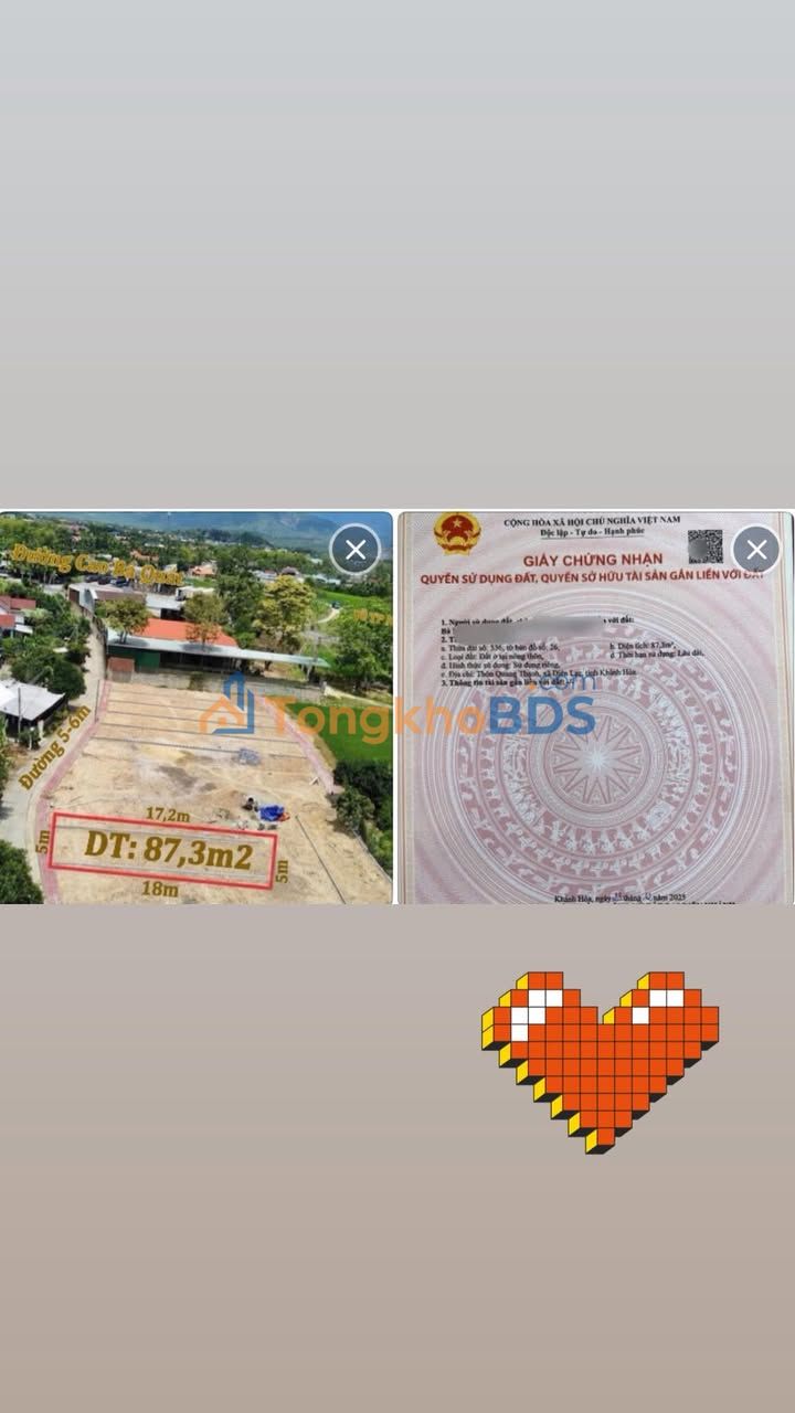 Đất Diên Lạc 87.3m² Full Thổ Cư - Giá 1.01 Tỷ - Gần Cao Bá Quát