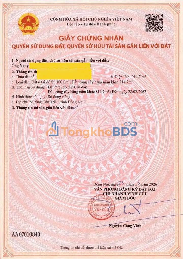 Đất Vĩnh Cửu Đồng Nai 800m² - Sổ Hồng Sẵn Sàng - Giá 1.85 Tỷ