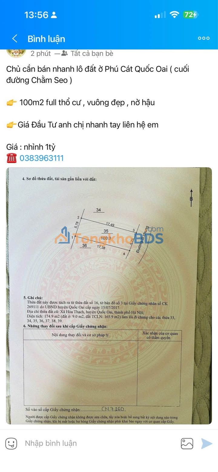 Đất nền Phú Cát Quốc Oai 100m² 10.38 tỷ - Sổ đỏ sẵn