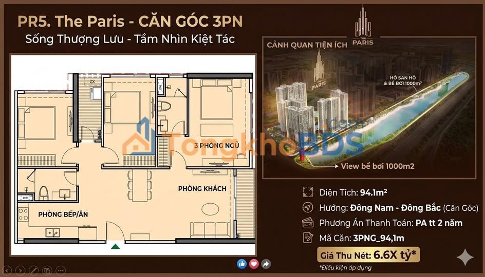 Căn hộ The Paris Ocean Park 94m² - Góc 3PN, View bể bơi 1000m² - 6.6 tỷ