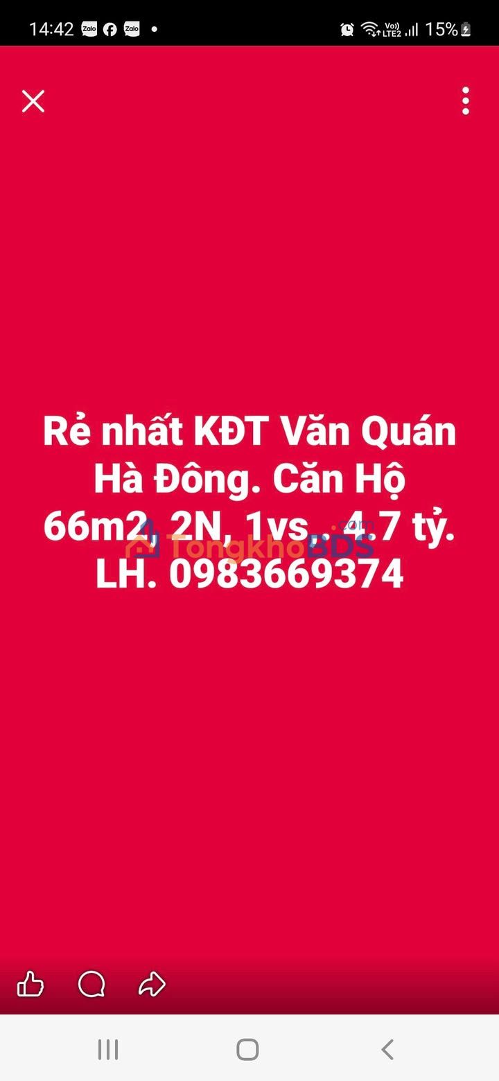 Bán gấp căn hộ 66m² KĐT Văn Quán, Hà Đông - Giá 4.7 tỷ