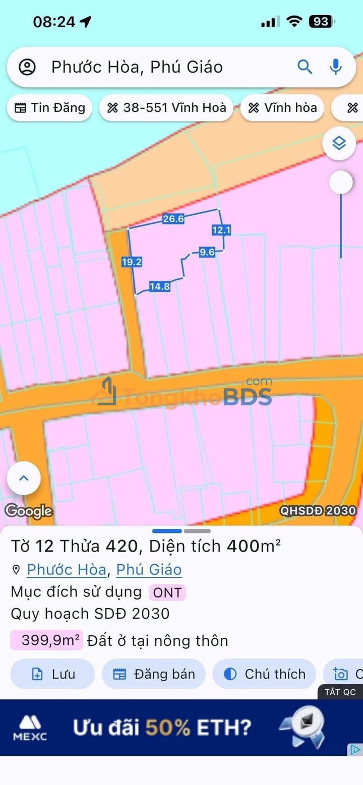 Bán Đất MT Đường Bê Tông Phước Hòa, Bình Dương - 376m² Giá 1.9 Tỷ