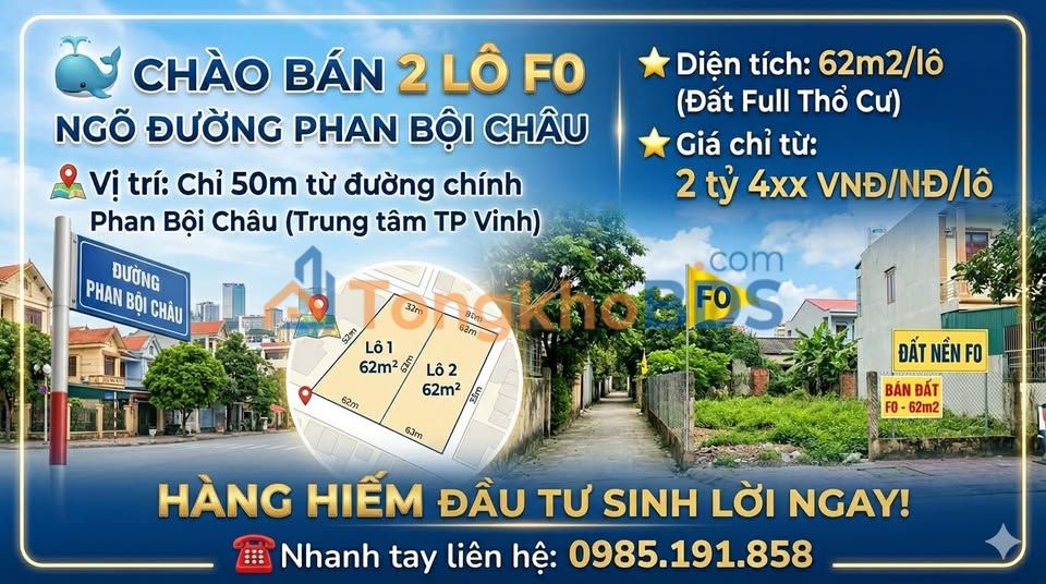 Đất Nền F0 Phan Bội Châu, TP Vinh 62m² - Sổ Đỏ Full Thổ Cư